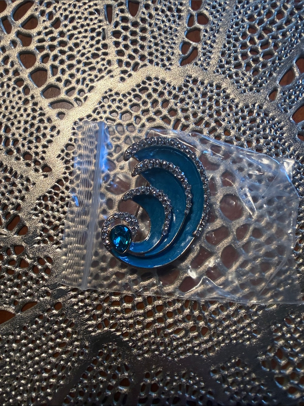 Teal Crystal Wave enamel brooch with crystals